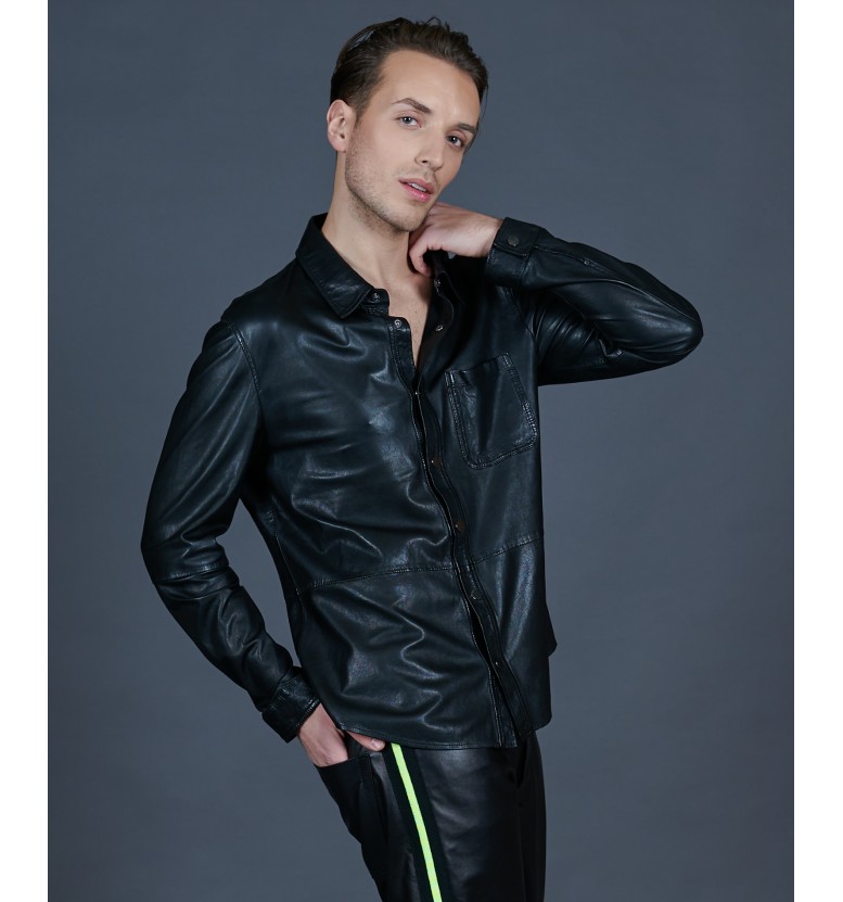 Men black leather shirt Camza AD MILANO