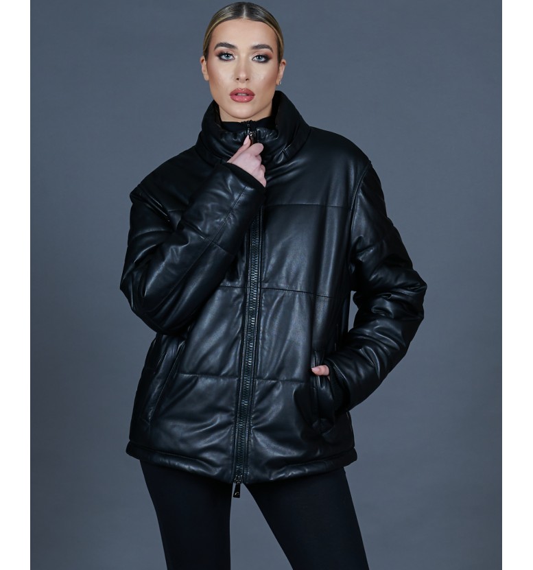 Black leather puffer jacket Zirconia AD MILANO