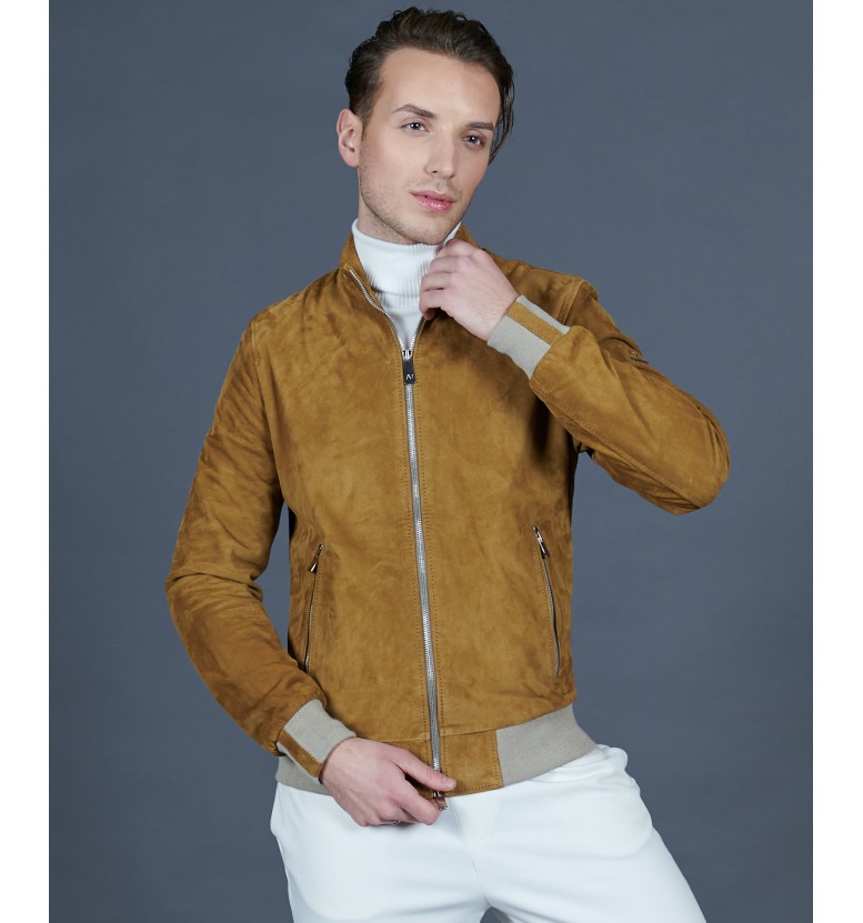 Tan suede leather bomber jacket Roma AD MILANO