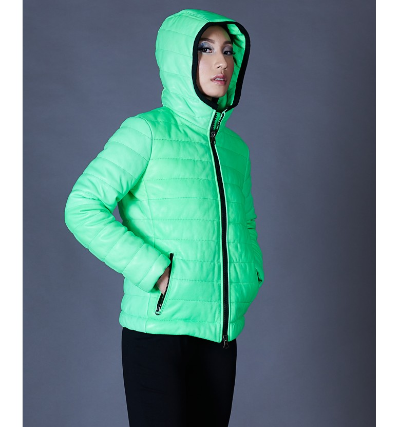 Piumino in pelle verde con cappuccio AD MILANO
