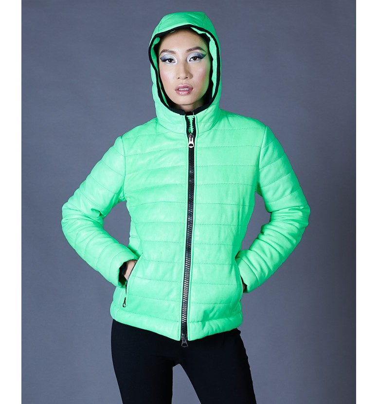 Green hooded leather puffer AD MILANO