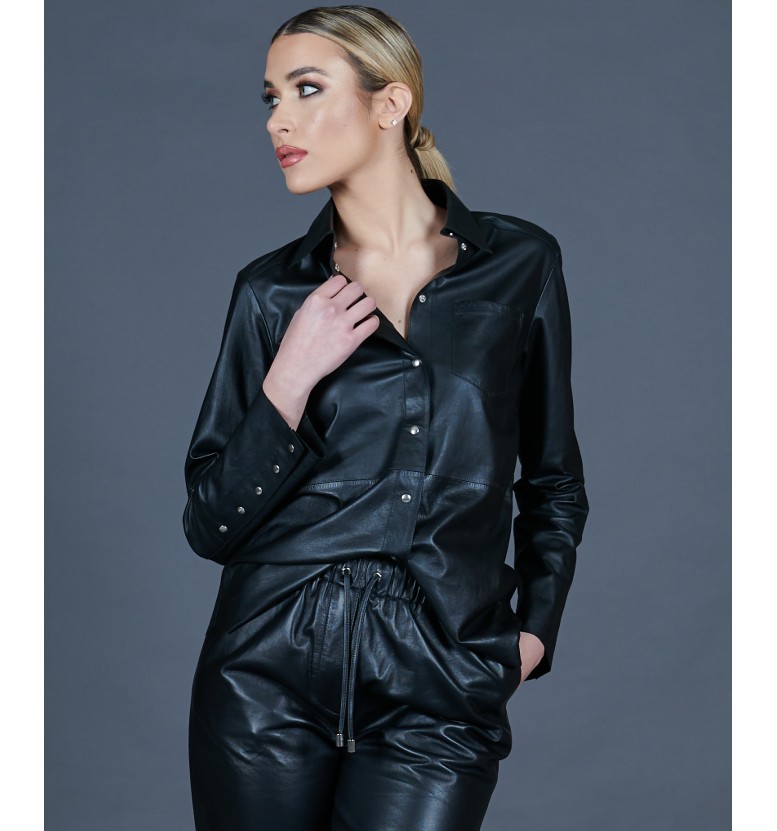 Women leather shirt black Pearl